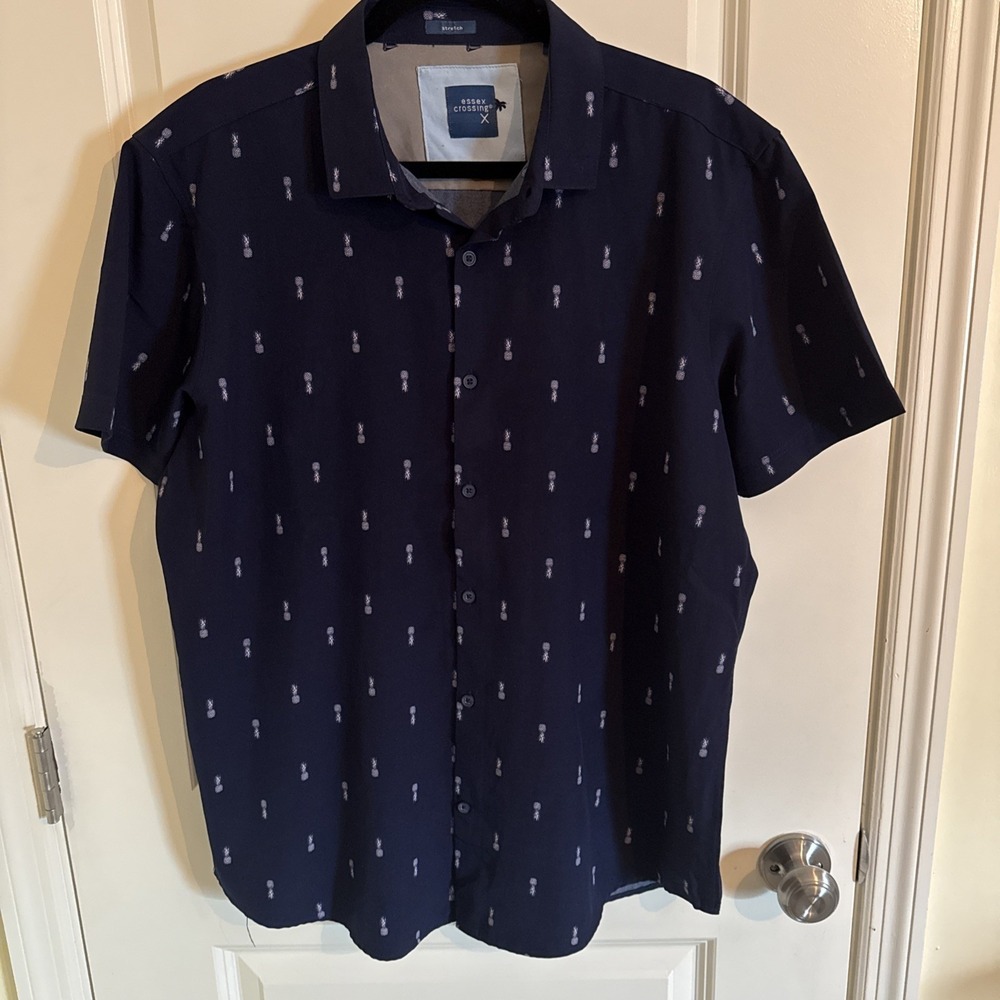 Essex Crossing Button Up Shirt Men's Navy Blue Pineapple Stretch‎ All Over Print